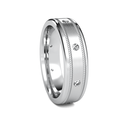 14K solid yellow gold diamond men's wedding band with satin finish and diamonds, 6mm wide, comfort fitted.