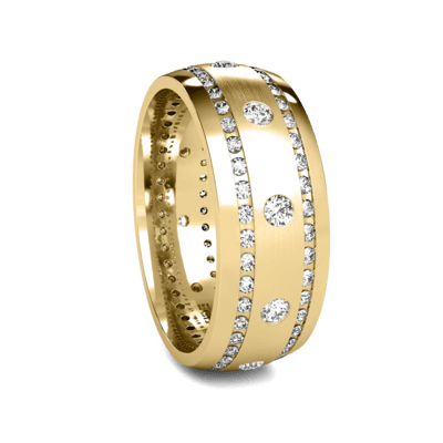 14K solid yellow gold diamond mens wedding band with a shiny finish and comfort fit, decorated with round brilliant cut diamonds.