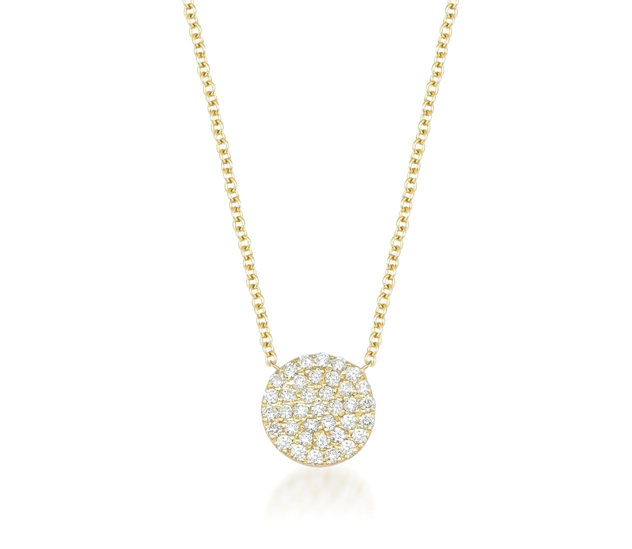 14K yellow gold diamond circle necklace with sparkling diamonds, perfect for everyday wear, dainty and minimalist design.