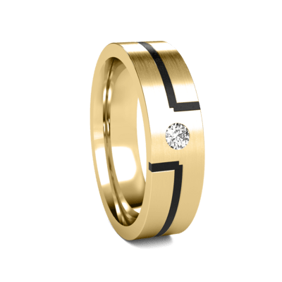 14K solid yellow gold diamond wedding band with satin finish and black enamel accents, featuring a brilliant cut diamond.