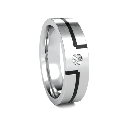 14K Solid Yellow Gold Diamond Wedding Band with Satin Finish and Black Enamel, featuring a round brilliant diamond.