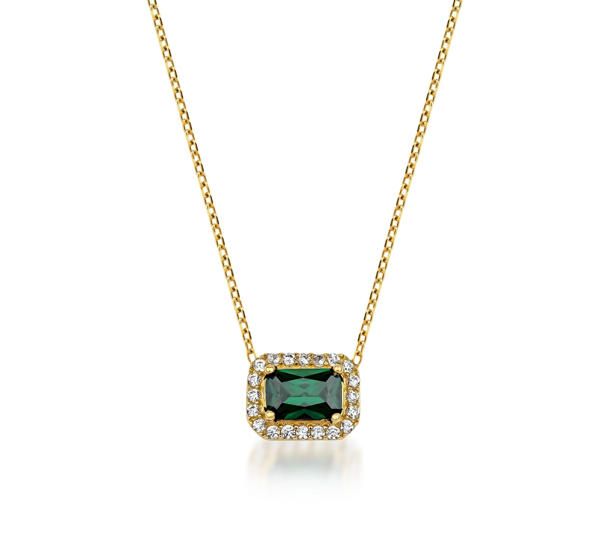 14K solid yellow gold emerald cut solitaire emerald necklace with CZ accents, elegant everyday jewelry.