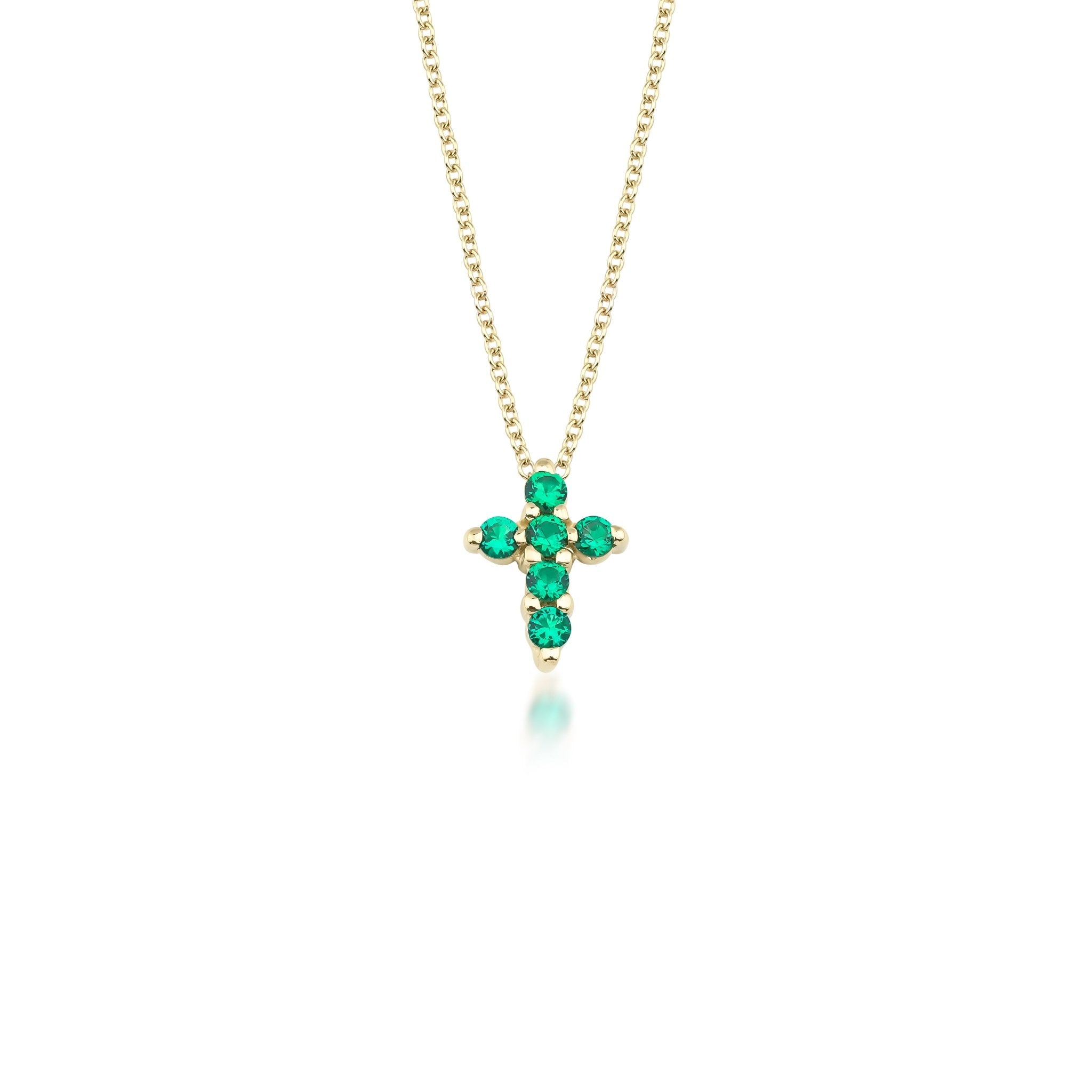 14K solid yellow gold minimalist cross necklace with six emerald stones, perfect for everyday wear.