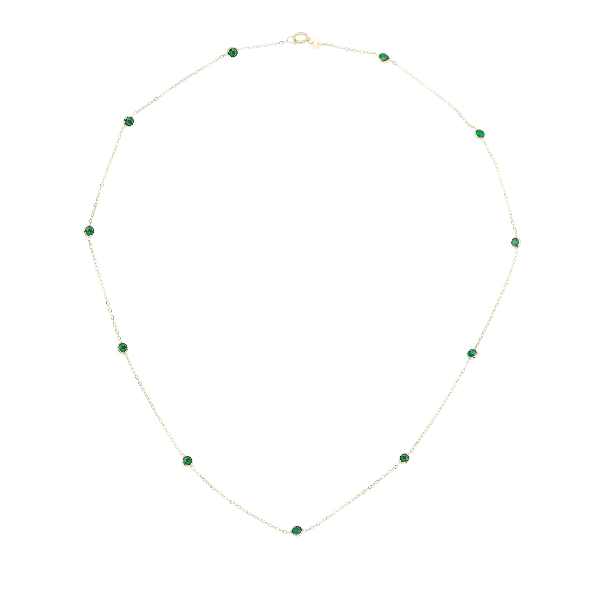 14K solid yellow gold necklace with lab-created emerald beads, 17 inches long, featuring elegant green gemstone stations.