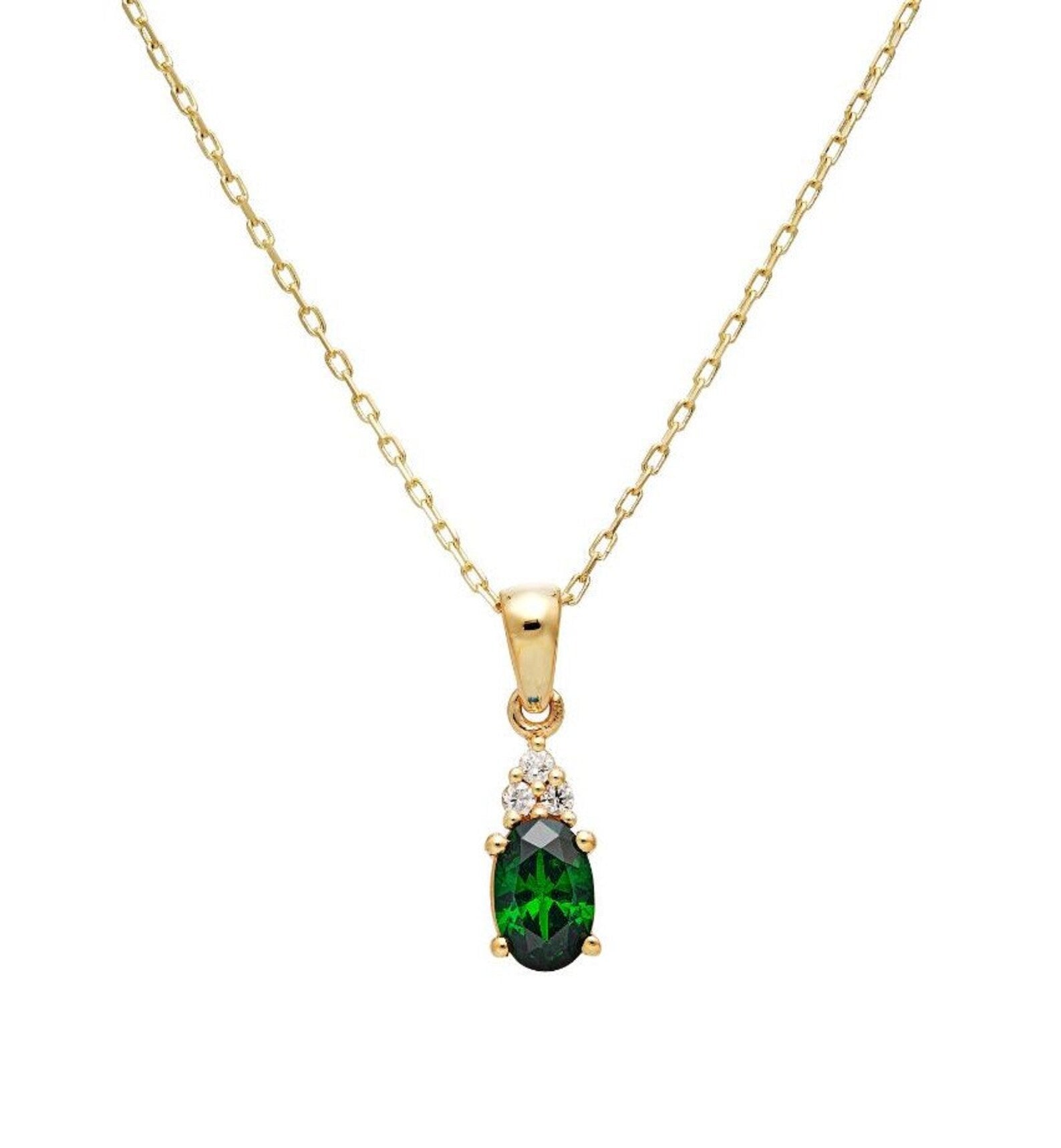 14K solid yellow gold emerald solitaire necklace with natural diamonds, featuring a delicate design and 16-inch chain.