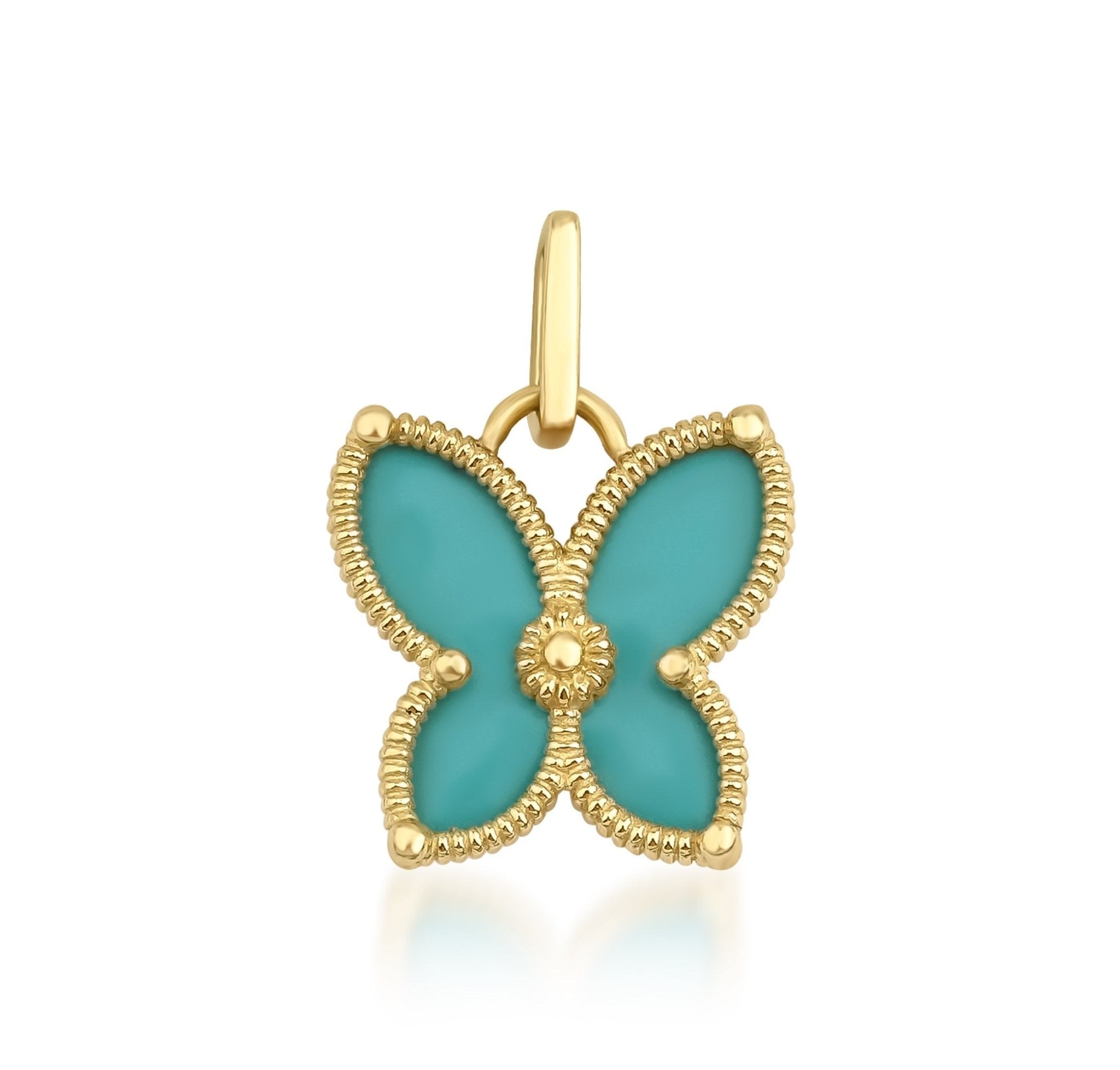 14K yellow gold butterfly pendant with turquoise enamel, ideal for a delicate necklace or everyday jewelry.