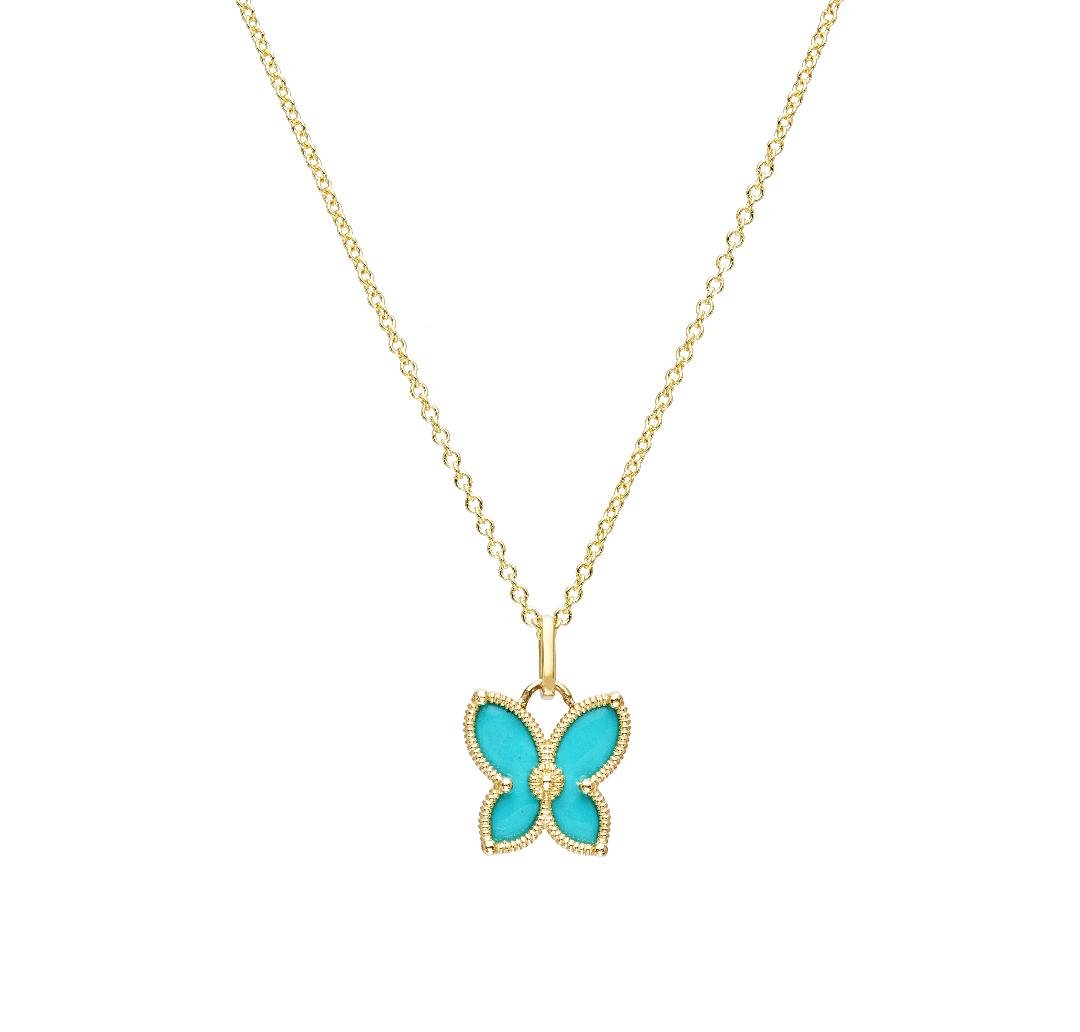 14K yellow gold butterfly pendant necklace with turquoise enamel, perfect for everyday wear and elegant gifting.