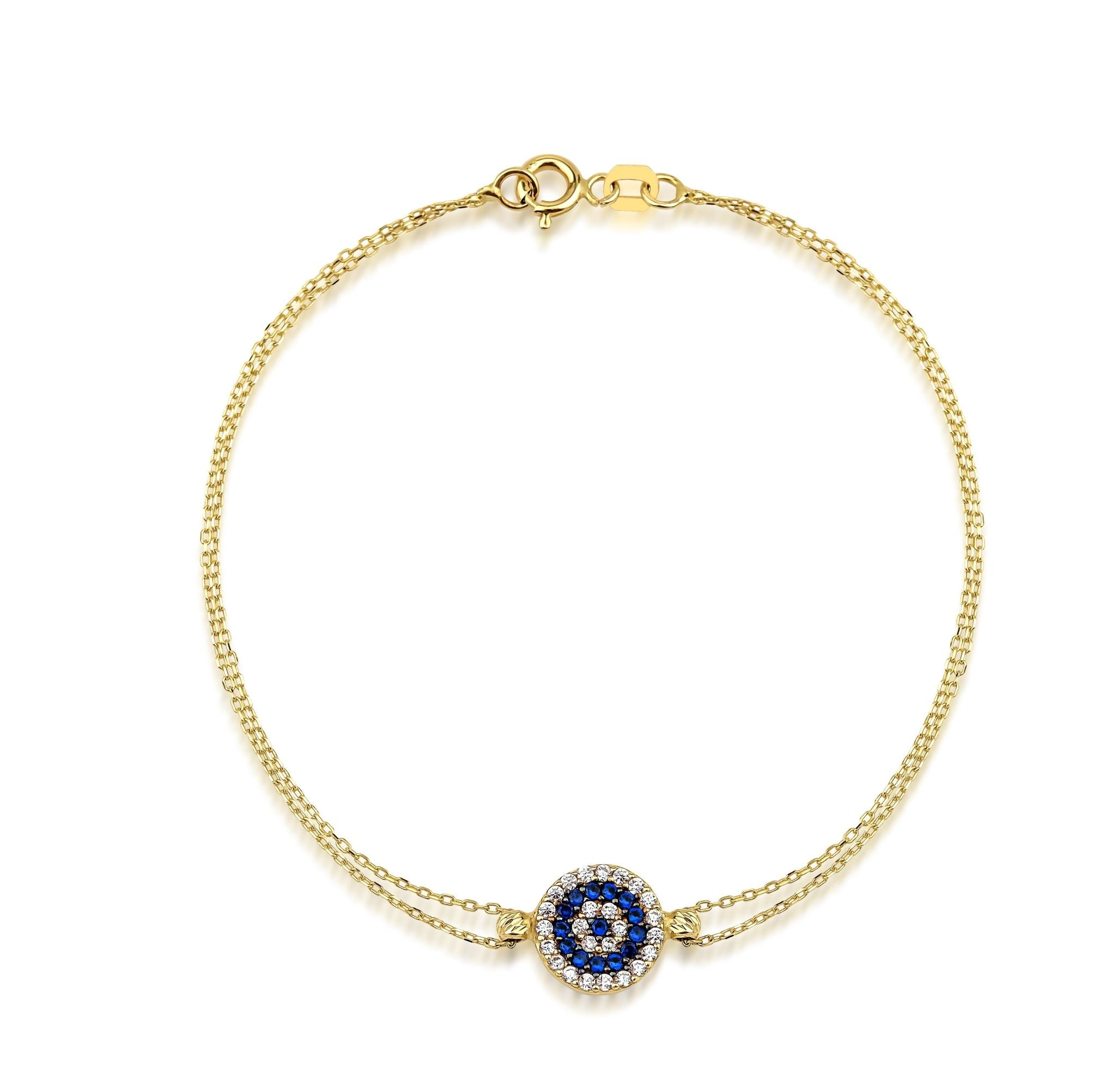 14K solid yellow gold evil eye bracelet with CZ stones, delicate and minimalist design, perfect for everyday wear.