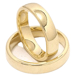 His and hers plain dome wedding bands in 10K yellow gold with a shiny finish and comfort fit design.