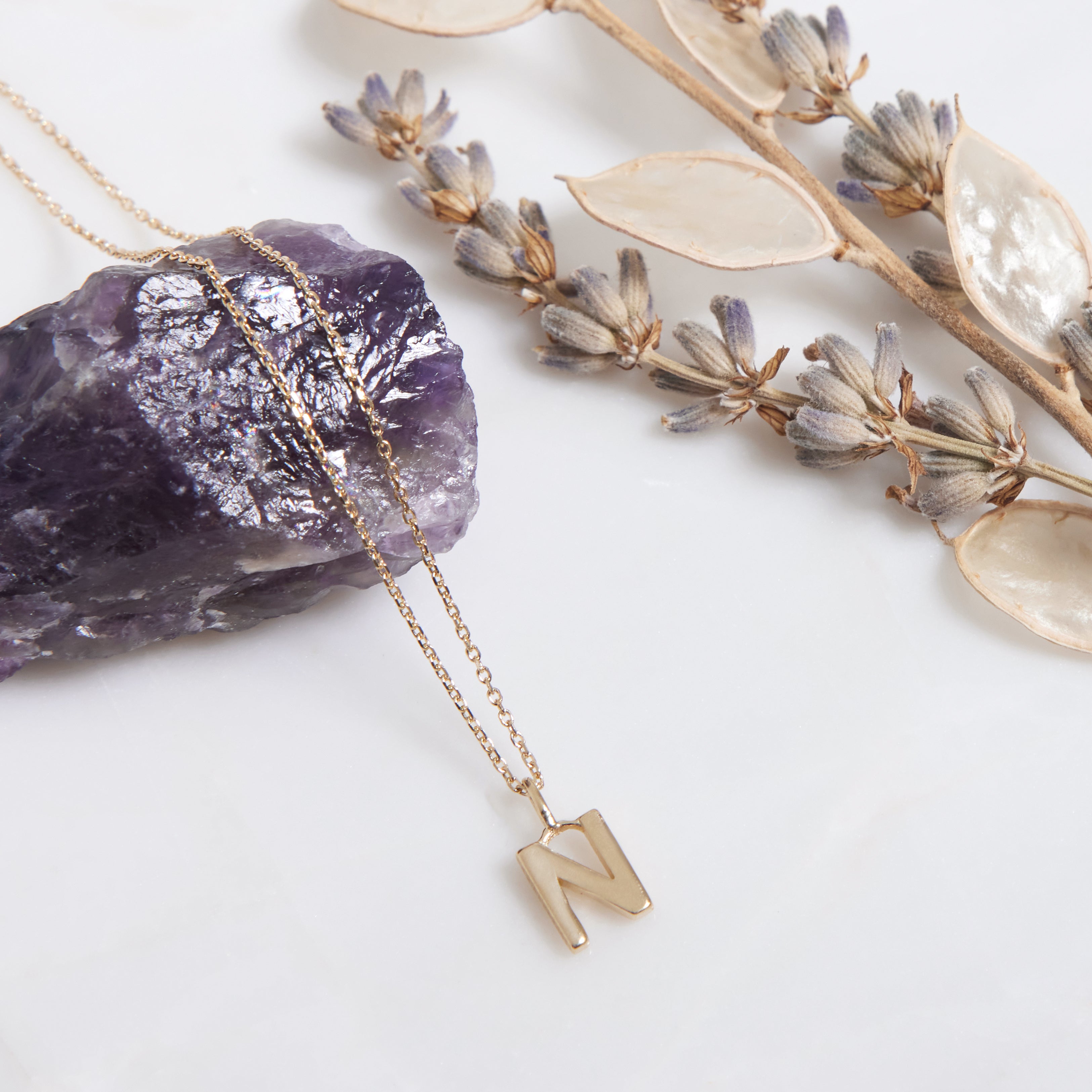 14K solid yellow gold initial necklace, featuring letter N on a backdrop of amethyst and dried flowers.