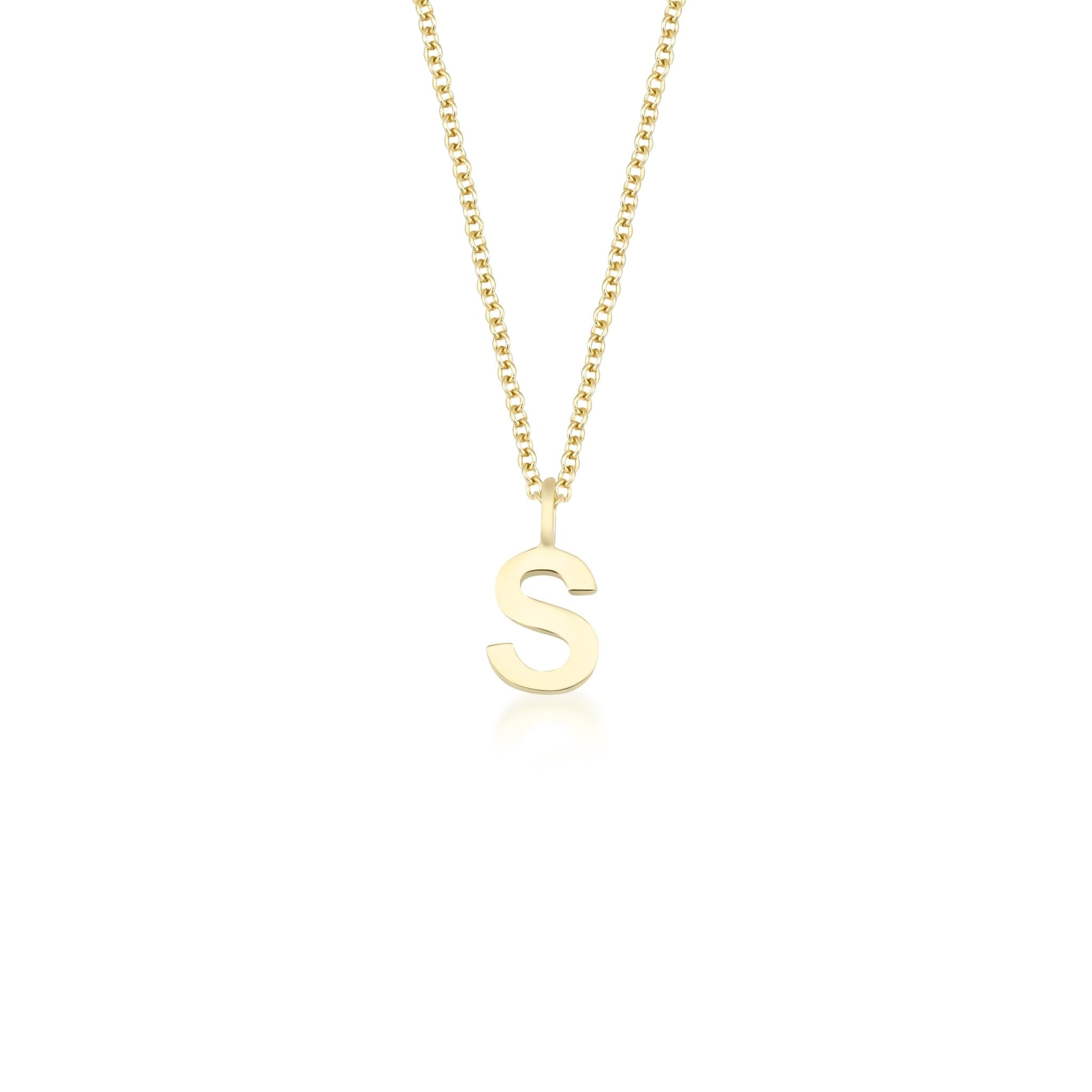 14K solid yellow gold initial necklace featuring letter S, dainty design on 16-inch chain.