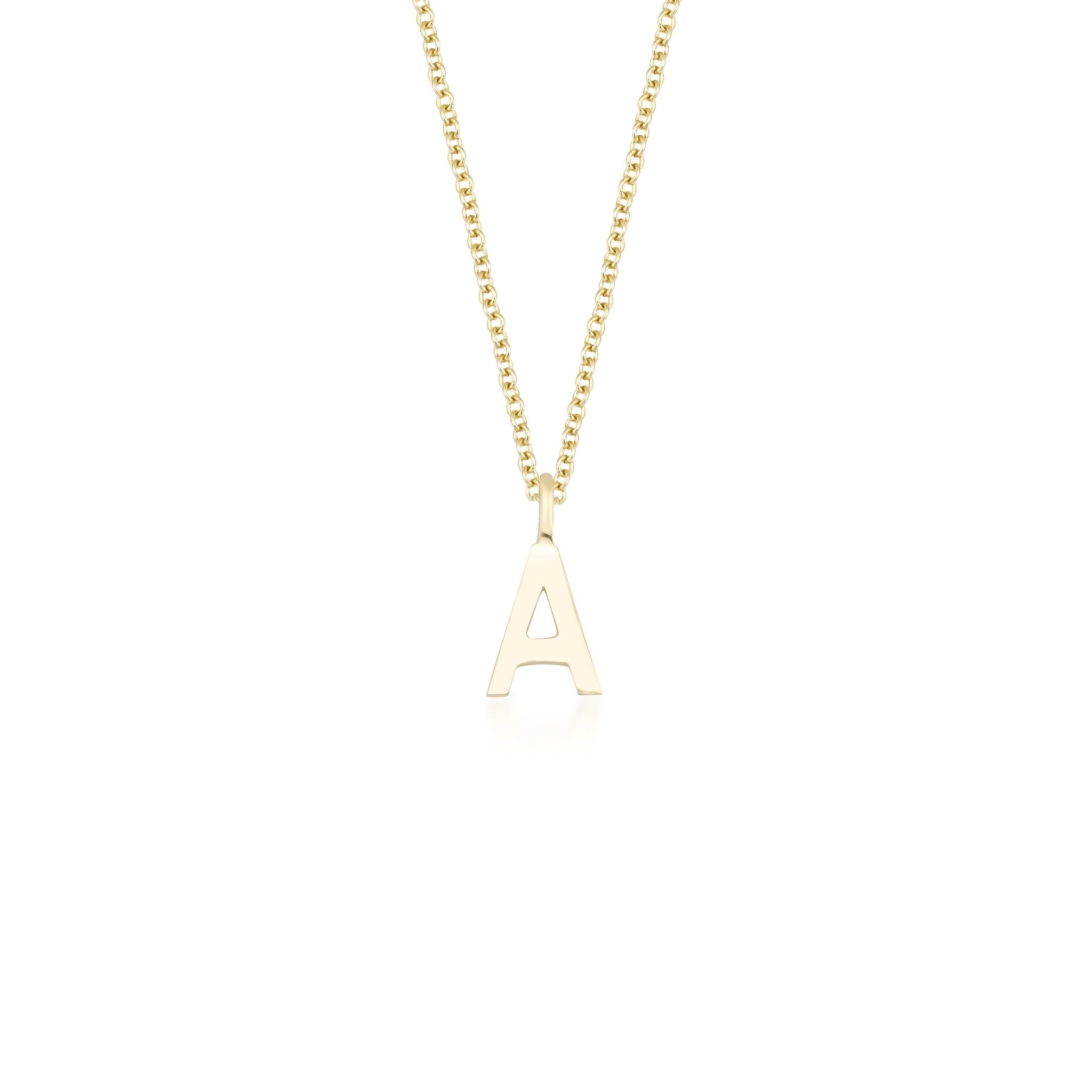 14K solid yellow gold initial necklace with letter A, dainty design, 16-inch chain, modern and elegant style.