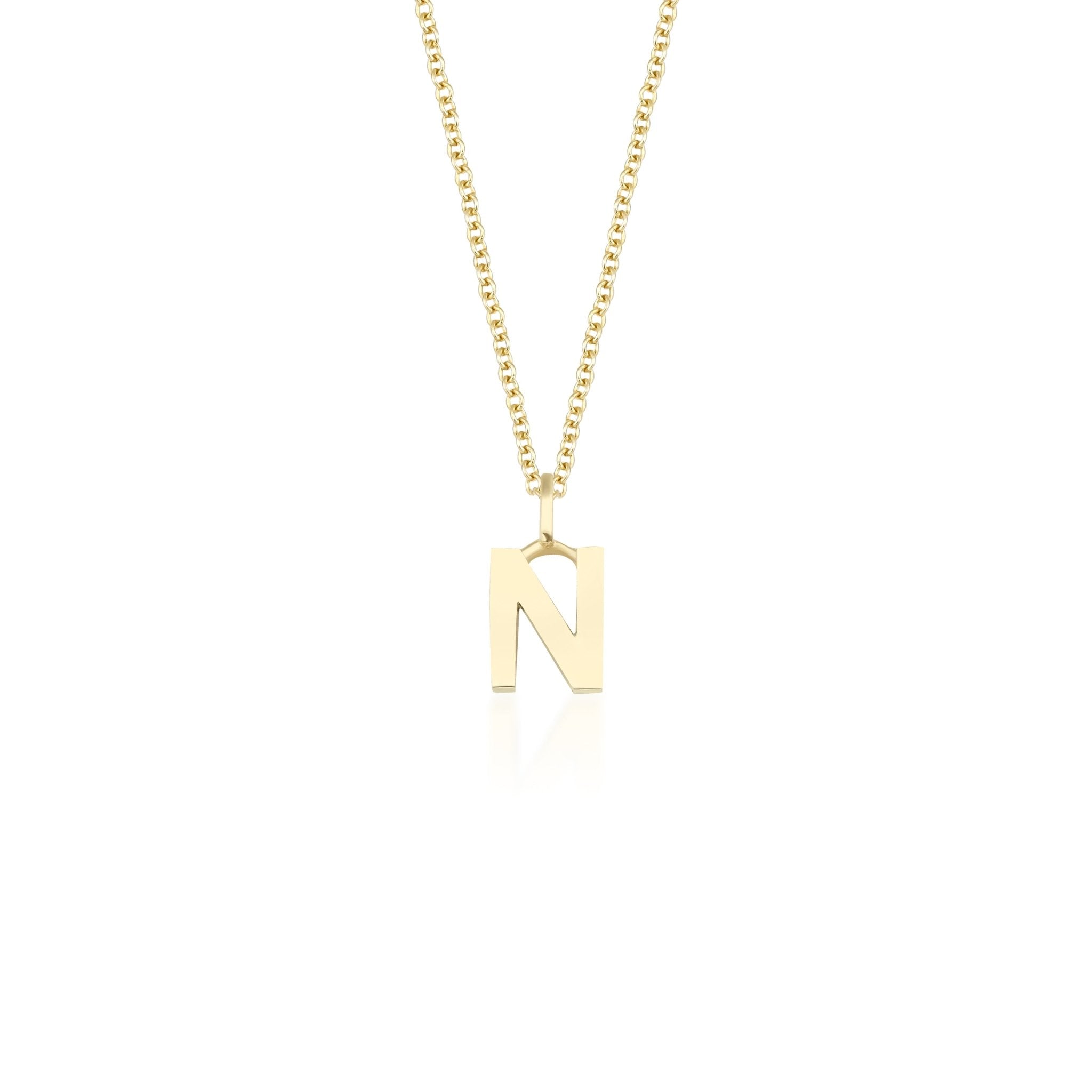 14K solid yellow gold initial necklace featuring the letter N, delicate and stylish, perfect for personalized gifting.