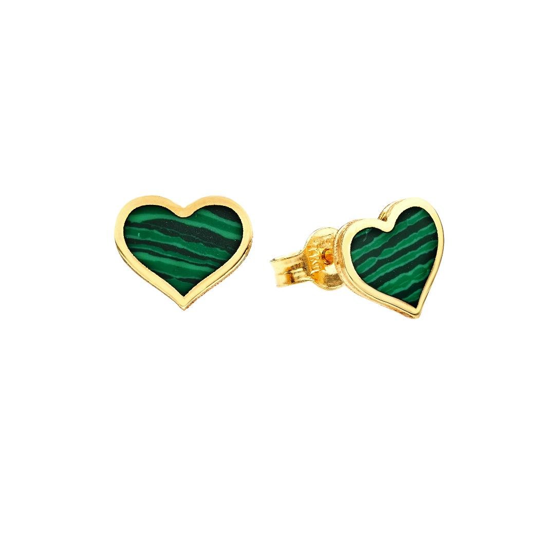 14K solid yellow gold minimalist malachite heart stud earrings for everyday use, measuring 7.50mm by 6.75mm.