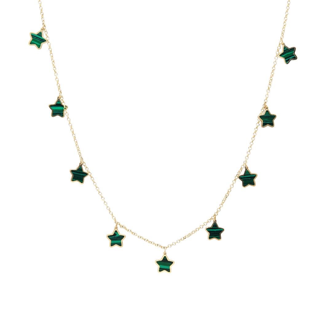 14K yellow gold star necklace with malachite stations, 16-18 inches long, elegant and comes in a gift box.