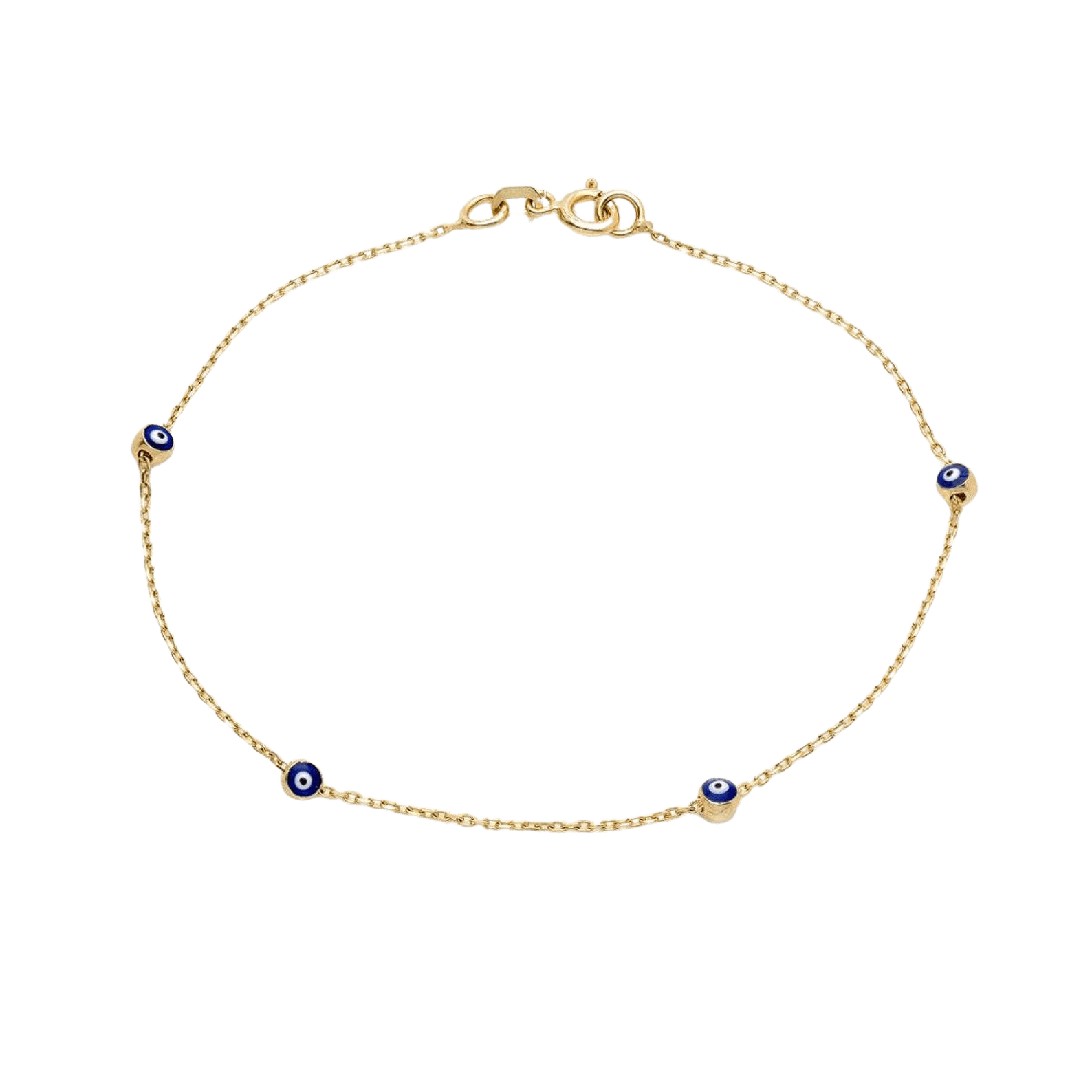 14K solid yellow gold minimalist evil eye bracelet with blue accents, delicate and perfect for everyday wear.