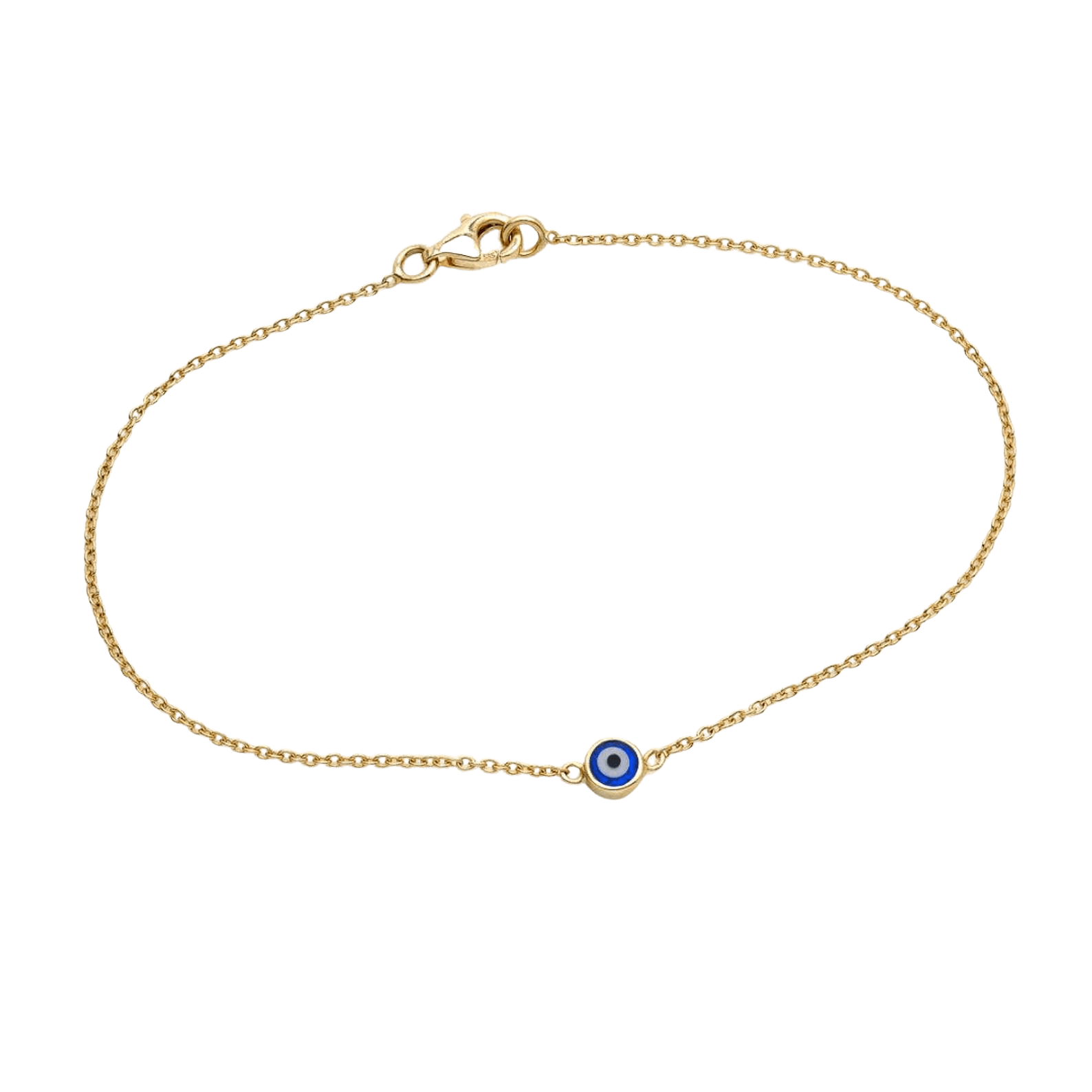14K solid yellow gold minimalist evil eye bracelet, 7 inches long with a delicate evil eye charm of 4.5mm.