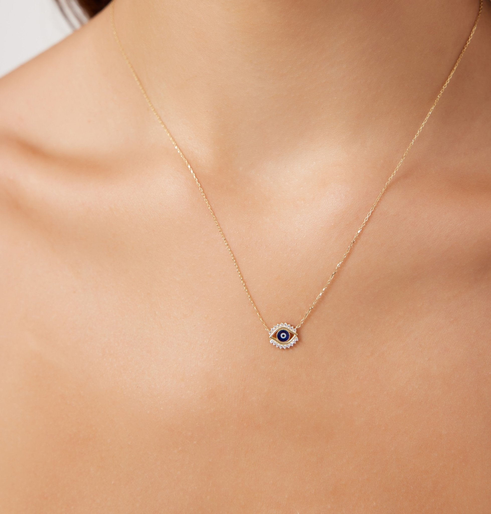 14K Solid Yellow Gold Minimalist Evil Eye Necklace, dainty design with CZ, perfect for everyday wear, 16-inch length.