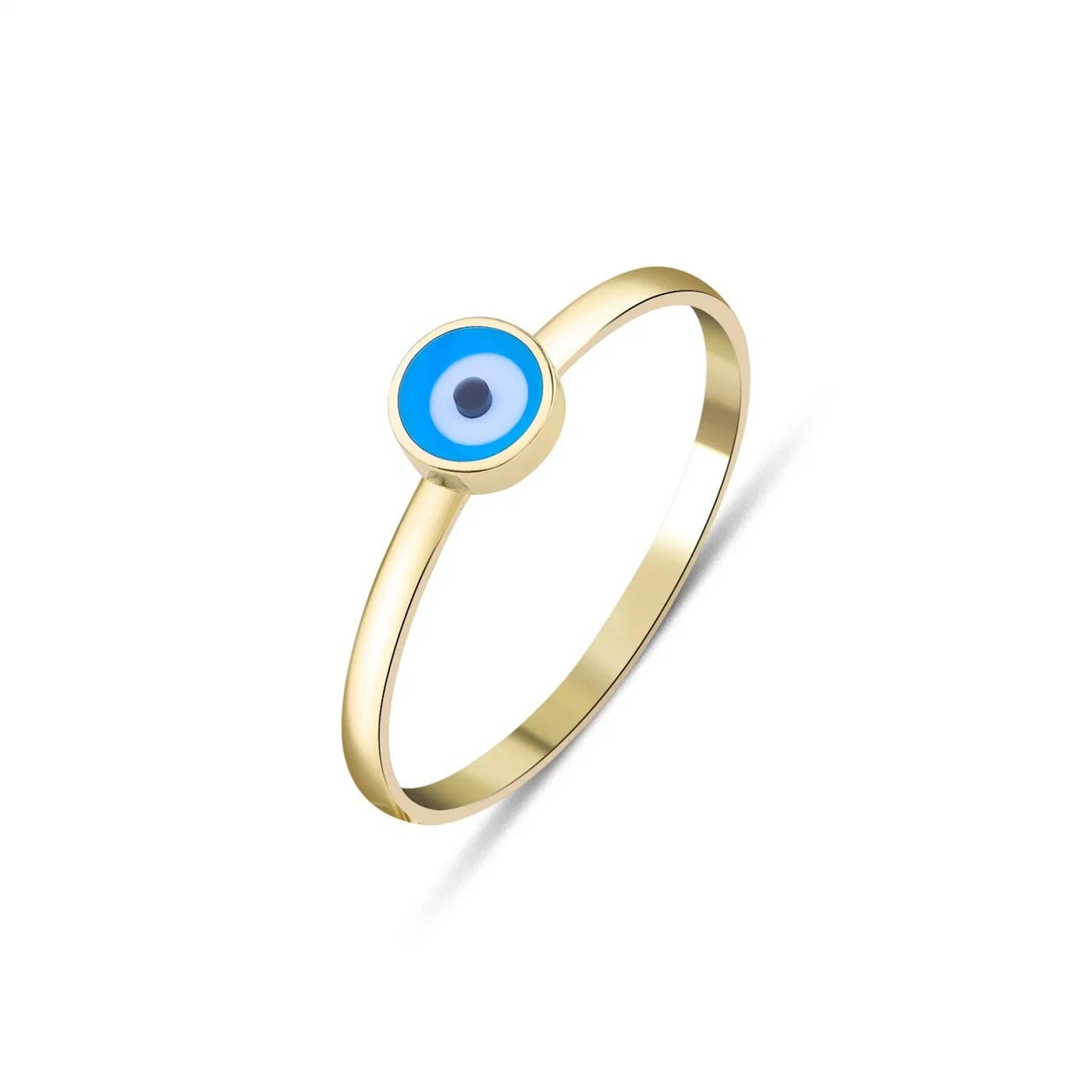 14K solid yellow gold minimalist evil eye ring with blue eye detail, ring width 1.5mm, evil eye dimension 5.25mm.