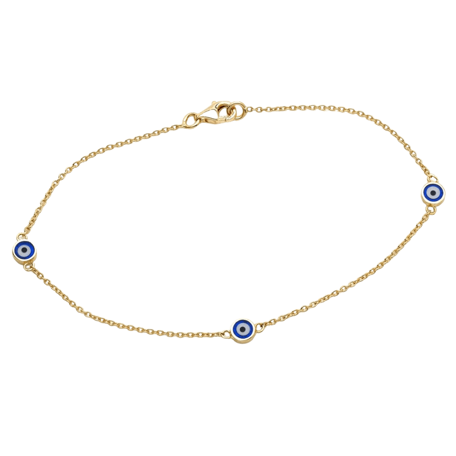 14K solid yellow gold minimalist evil eye bracelet with blue enamel accents, perfect for everyday wear.