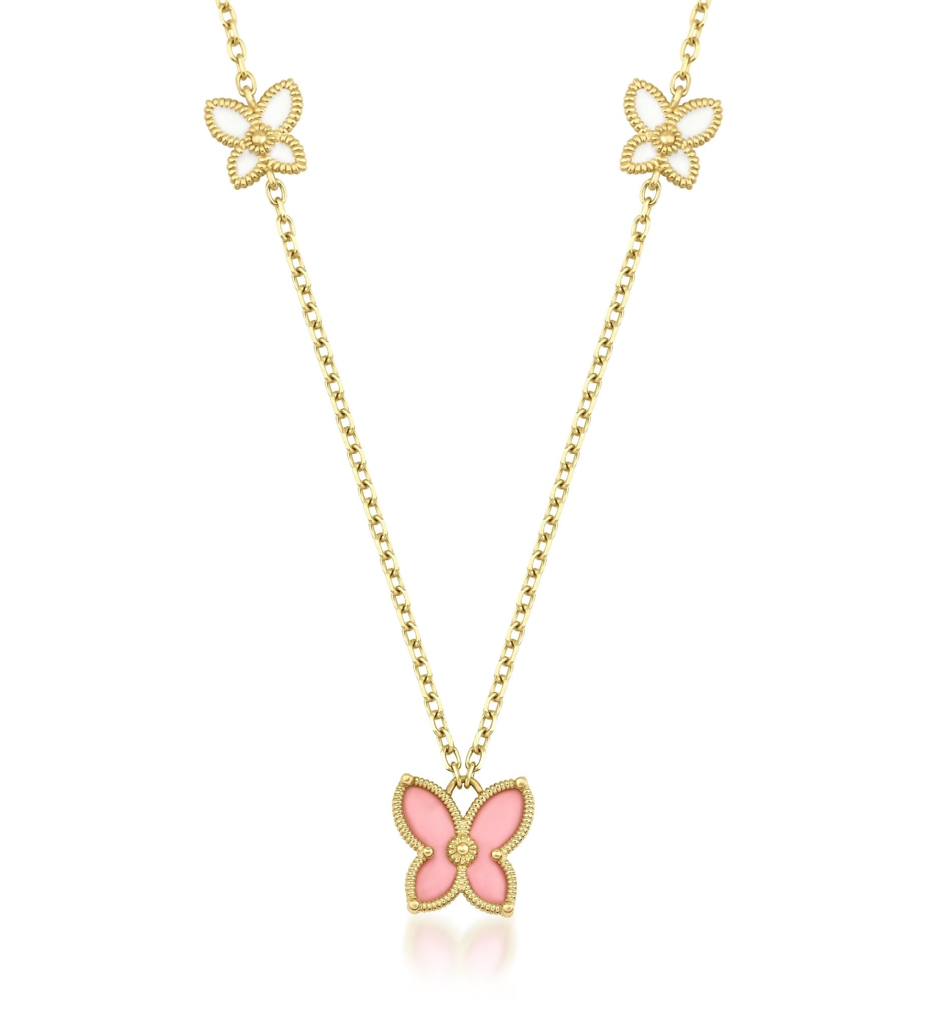 14K solid yellow gold necklace featuring pink enamel butterfly pendant and accents, perfect for everyday wear.