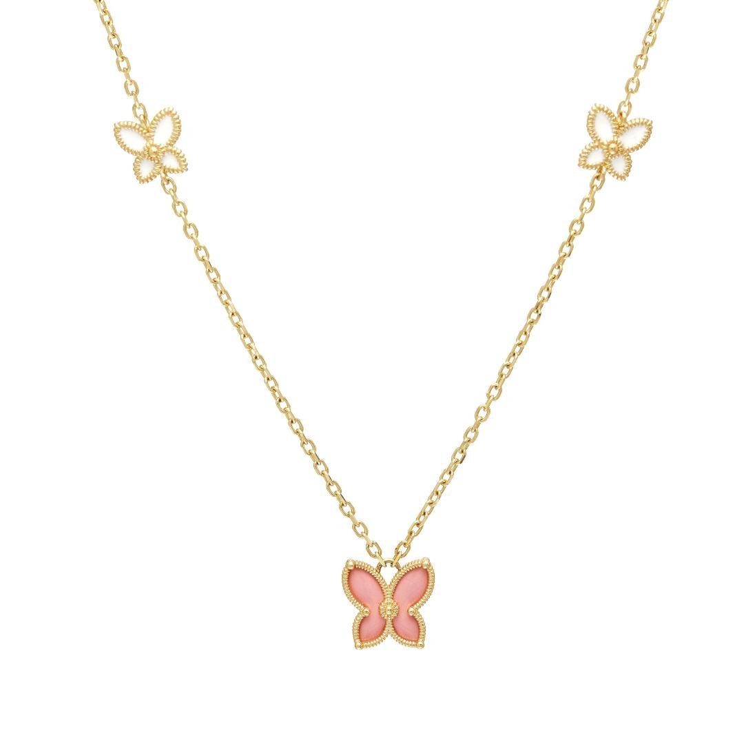 14K solid yellow gold butterfly necklace with pink enamel, featuring delicate design and a thick chain.