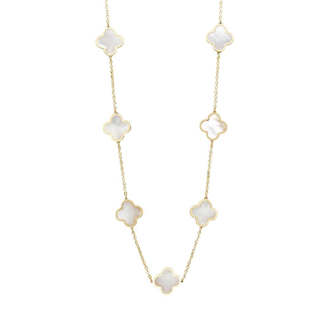14K solid yellow gold clover necklace with mother of pearl, elegant and dainty design, 16-18 inch length.
