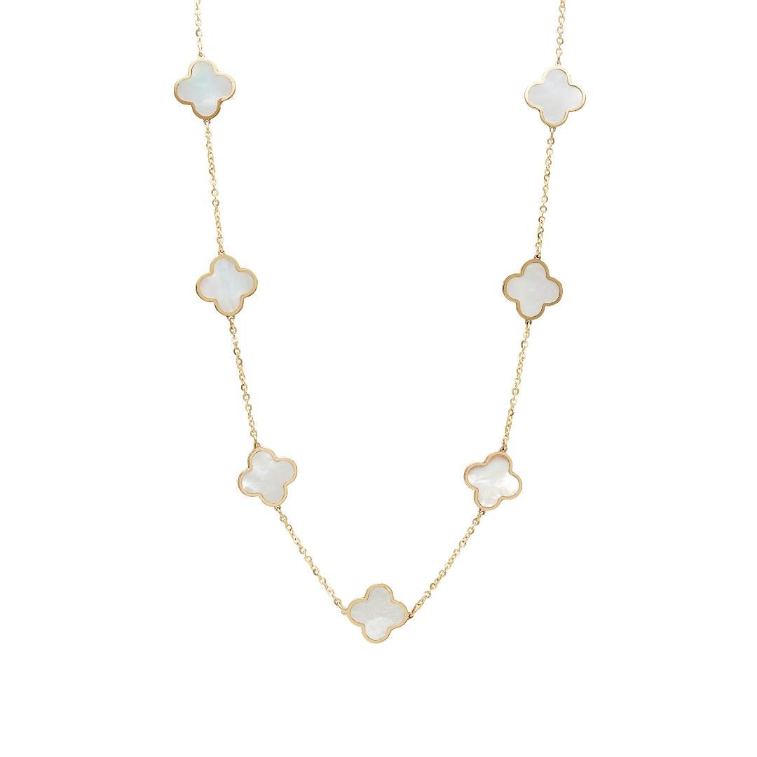 14K solid yellow gold necklace featuring mother of pearl clover design, elegant and perfect for everyday wear.