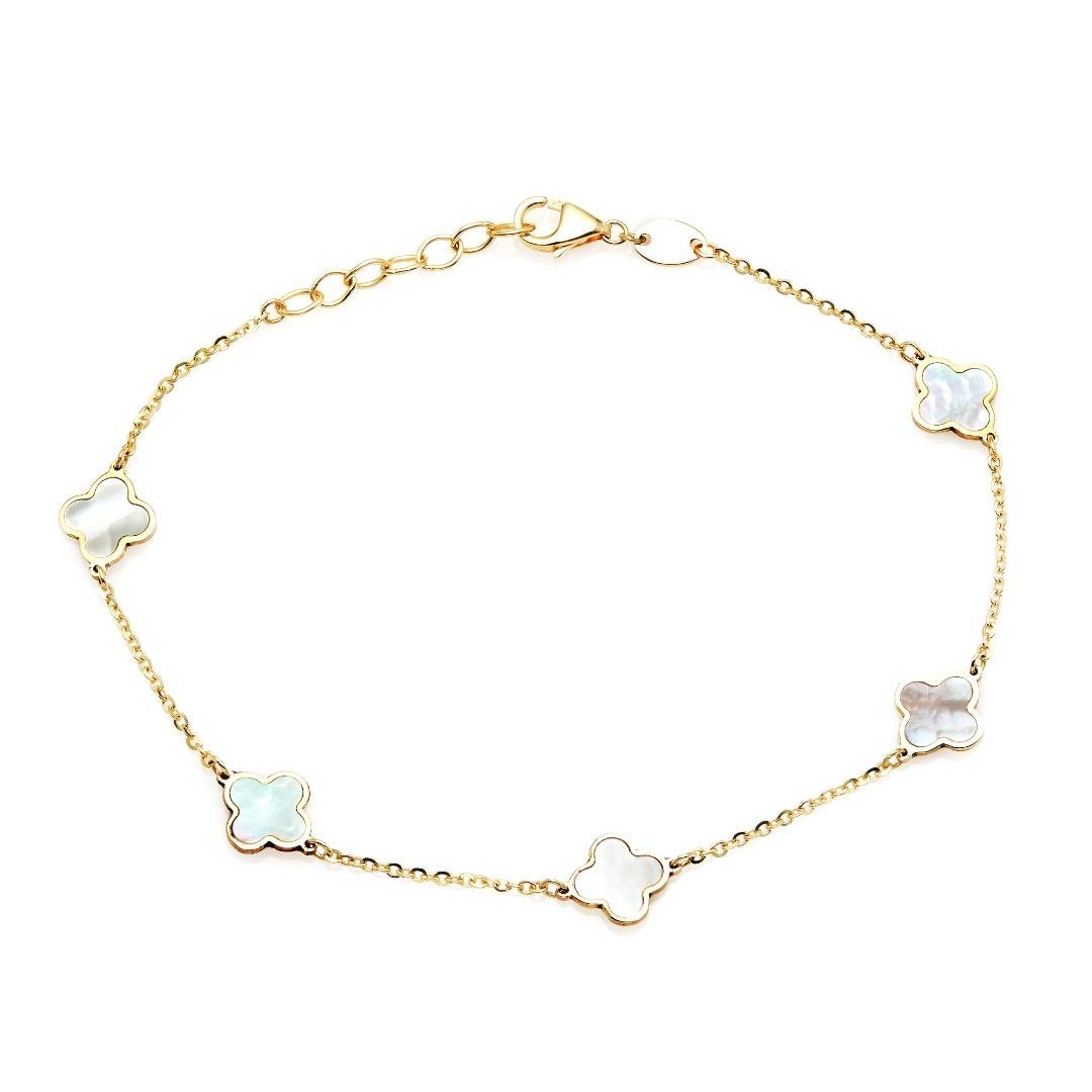 14K solid yellow gold bracelet with four leaf clover mother of pearl charms, delicate design, suitable for everyday wear.