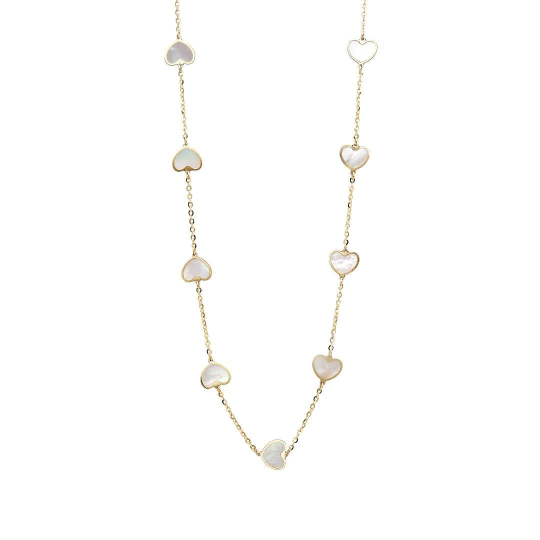 14K solid yellow gold necklace with mother of pearl heart stations, perfect for everyday wear and elegant gifting.