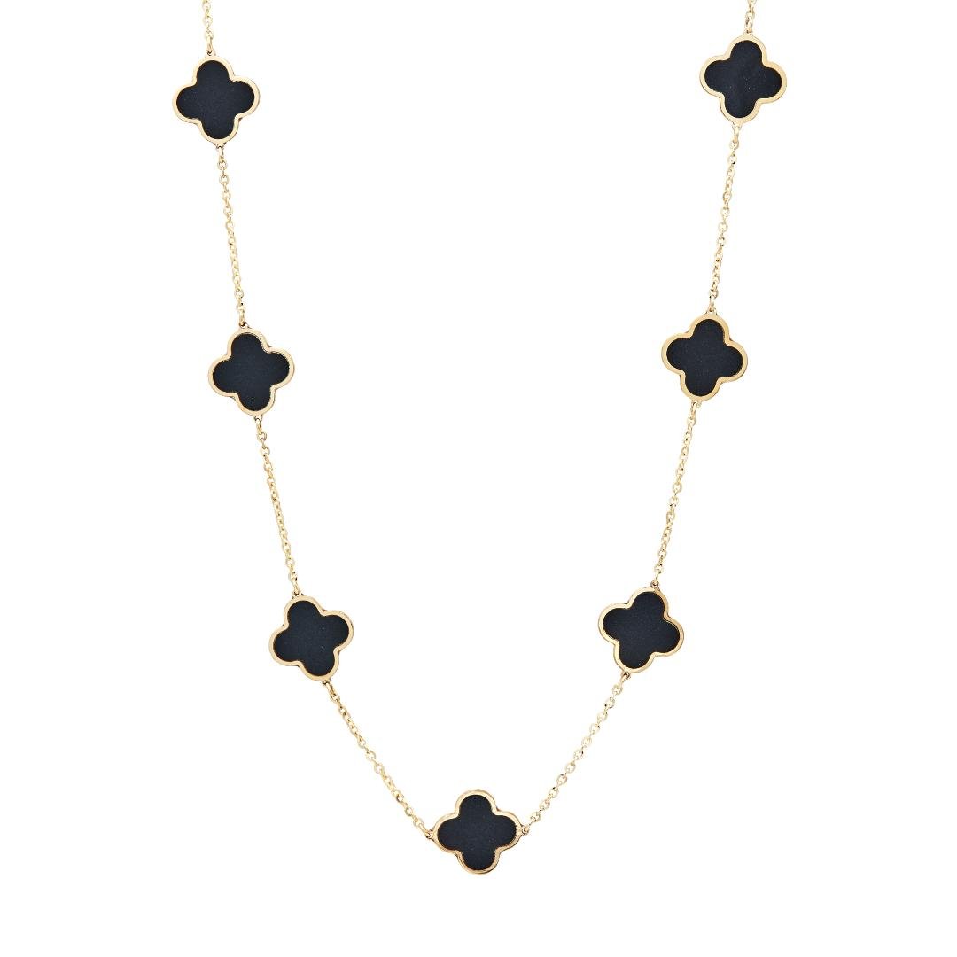 14K solid yellow gold necklace featuring onyx clover charms, perfect for everyday wear, elegant and classy design.