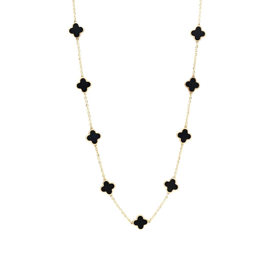 14K yellow gold onyx four leaf clover necklace featuring a delicate chain and clover motifs, perfect gift.