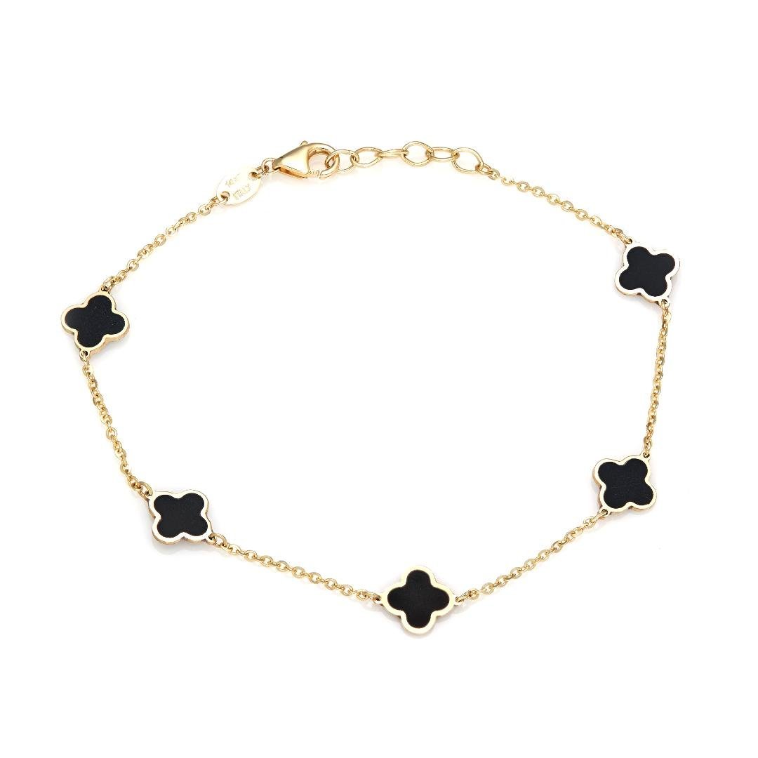 14K solid yellow gold onyx four leaf clover bracelet with five clover stations and lobster claw clasp.
