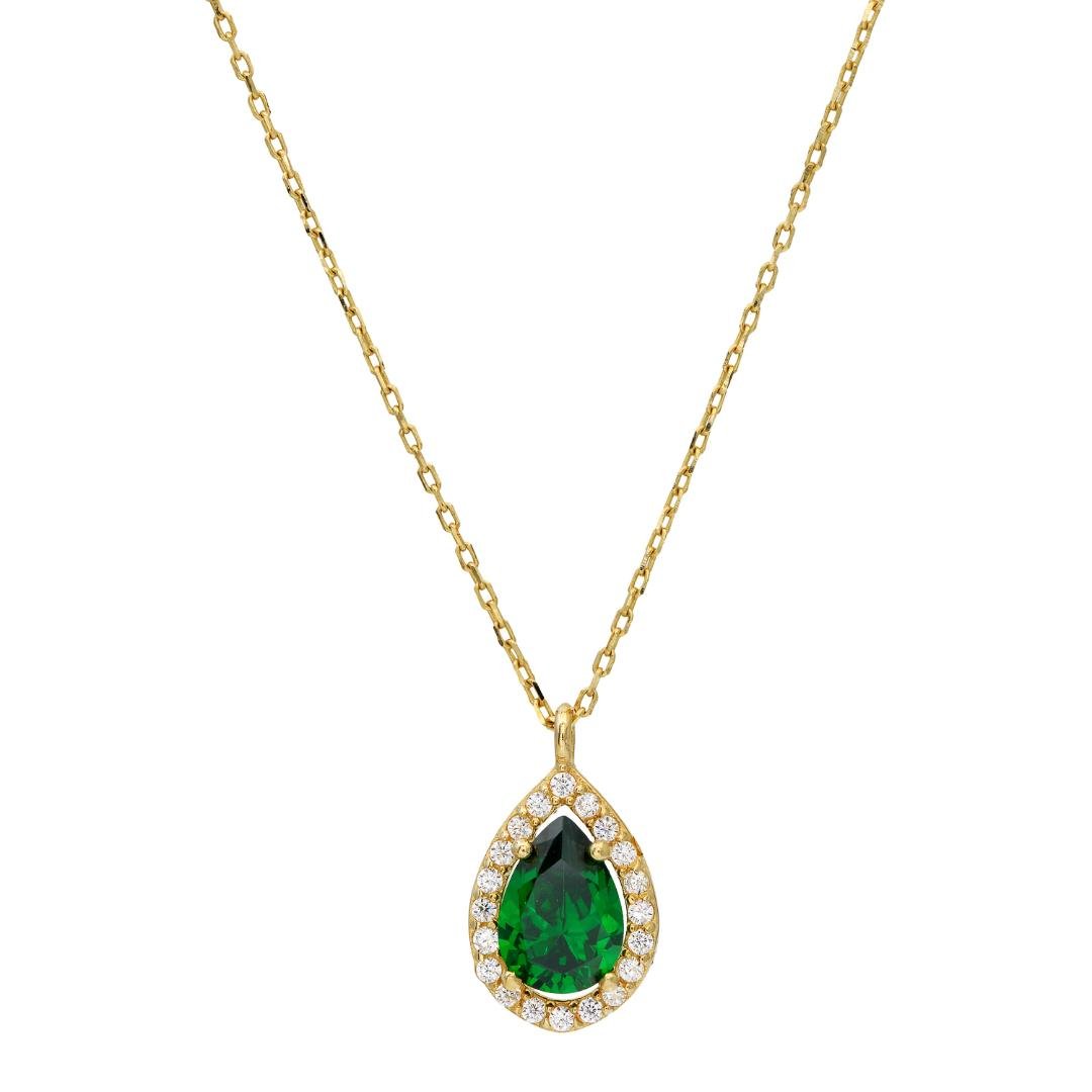 14K solid yellow gold pear shape emerald necklace with CZ, delicate design perfect for everyday wear, 17 inches long.