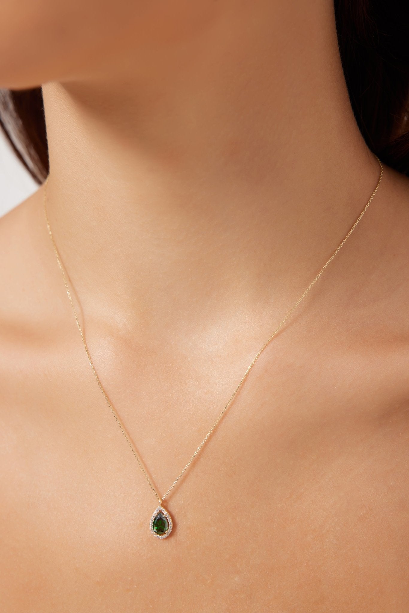 14K solid yellow gold pear shape emerald necklace with CZ, elegant and minimalist design, perfect for everyday wear.