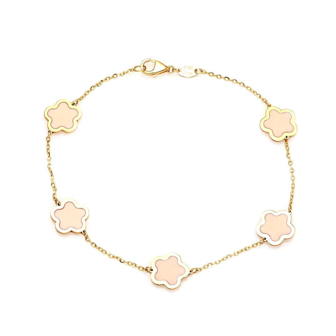 14K solid yellow gold bracelet with pink blossom accents, lobster claw clasp, 7 inches long, stylish gift box included.