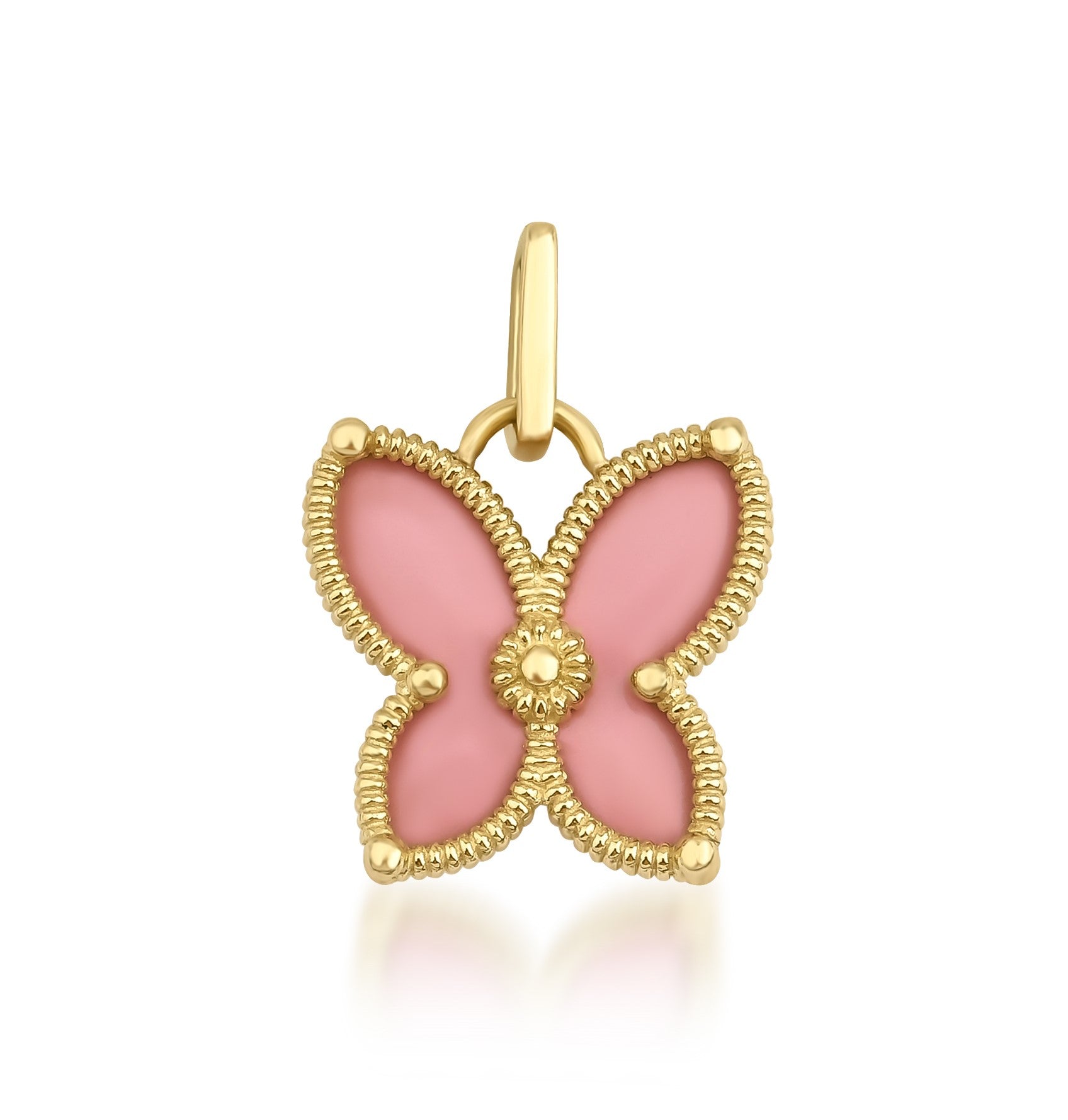 14K solid yellow gold butterfly pendant with pink enamel details, perfect for a delicate necklace or charm.