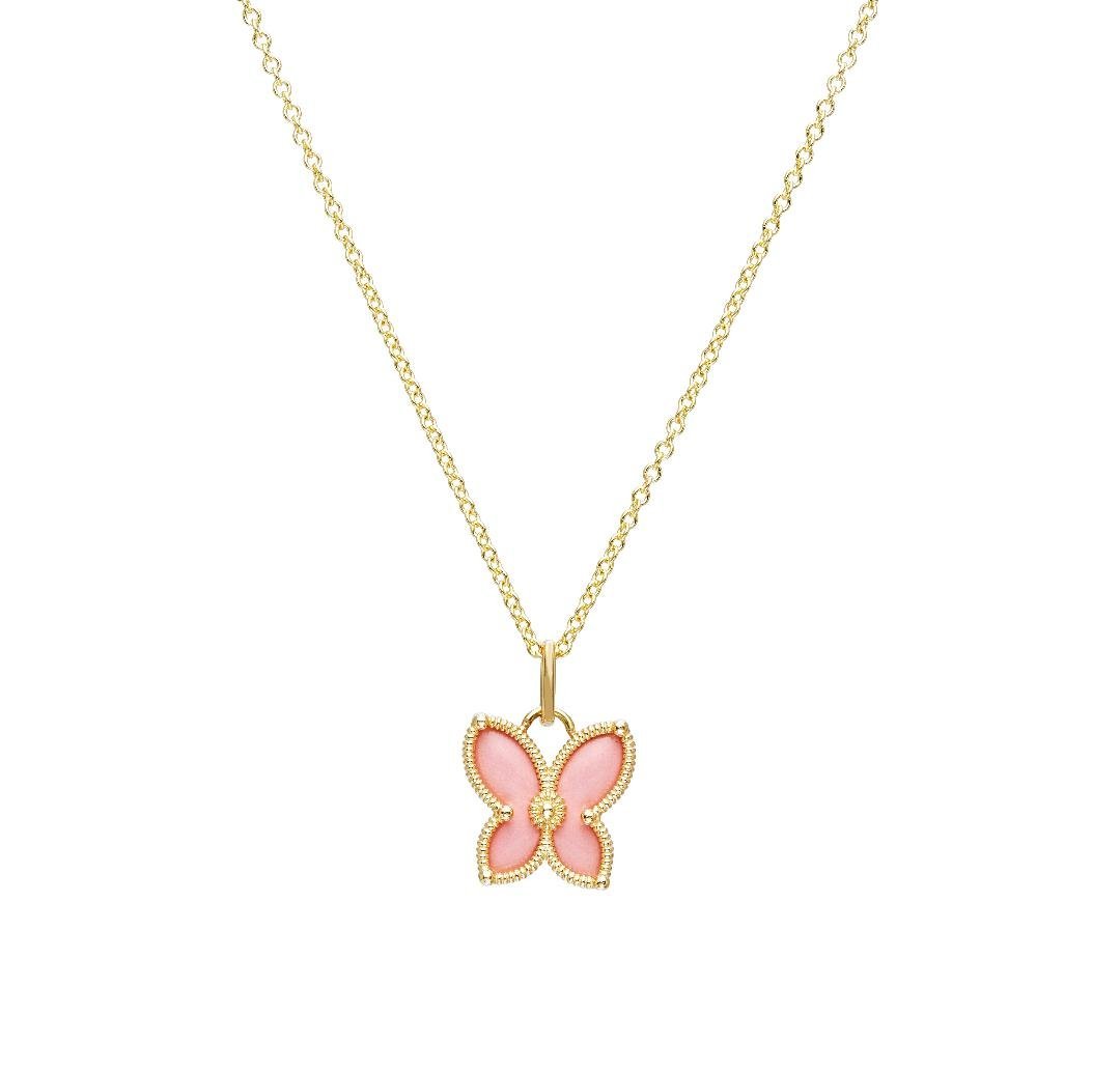 14K solid yellow gold pink butterfly necklace pendant on a delicate chain, perfect for everyday wear.