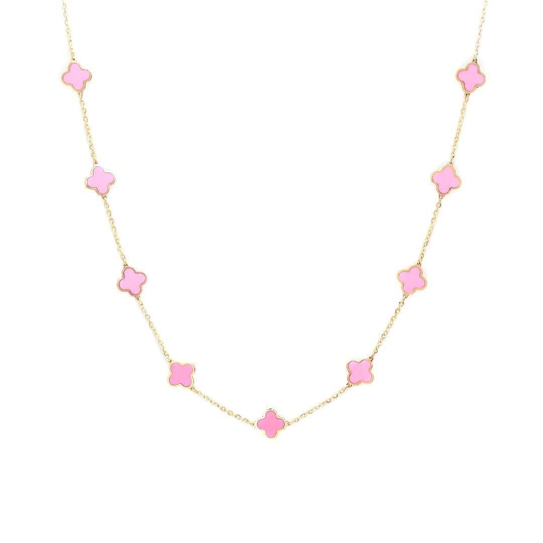 14K solid yellow gold necklace with pink four leaf clover stations, elegant chain, 16-17.5 inches long, gift box included.