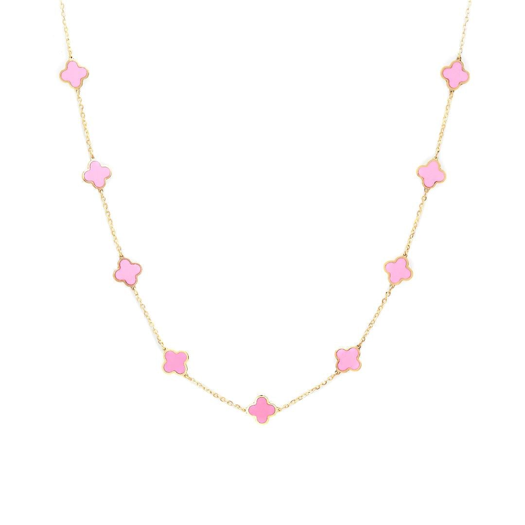 14K yellow gold necklace featuring nine pink four leaf clover stations, 16-17.5 inches, with lobster claw clasp.