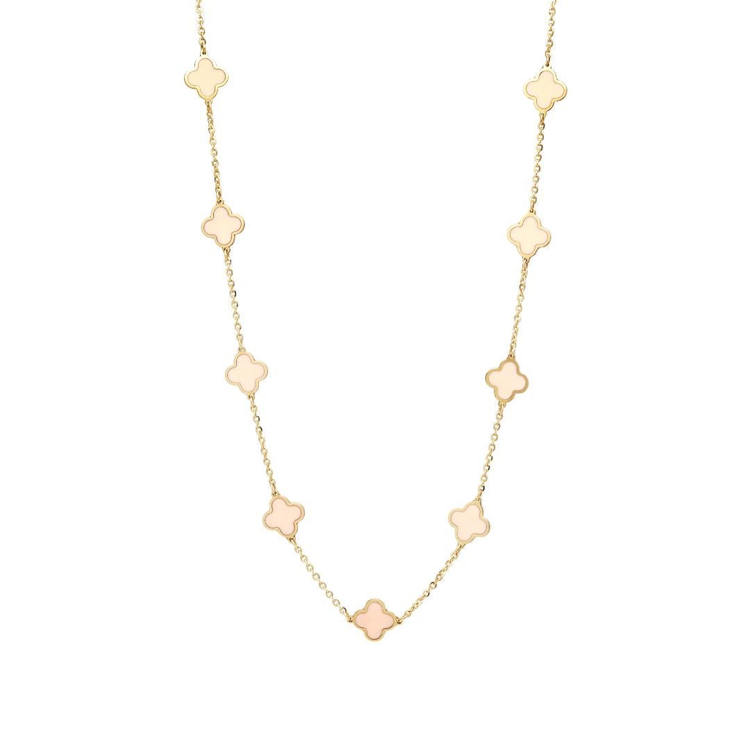 14K solid yellow gold pink four leaf clover station necklace, 16-17.5 inches, with lobster claw clasp.