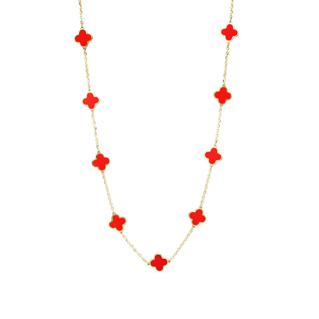 14K solid yellow gold necklace with red coral four leaf clover stations, adjustable length, gift box included.