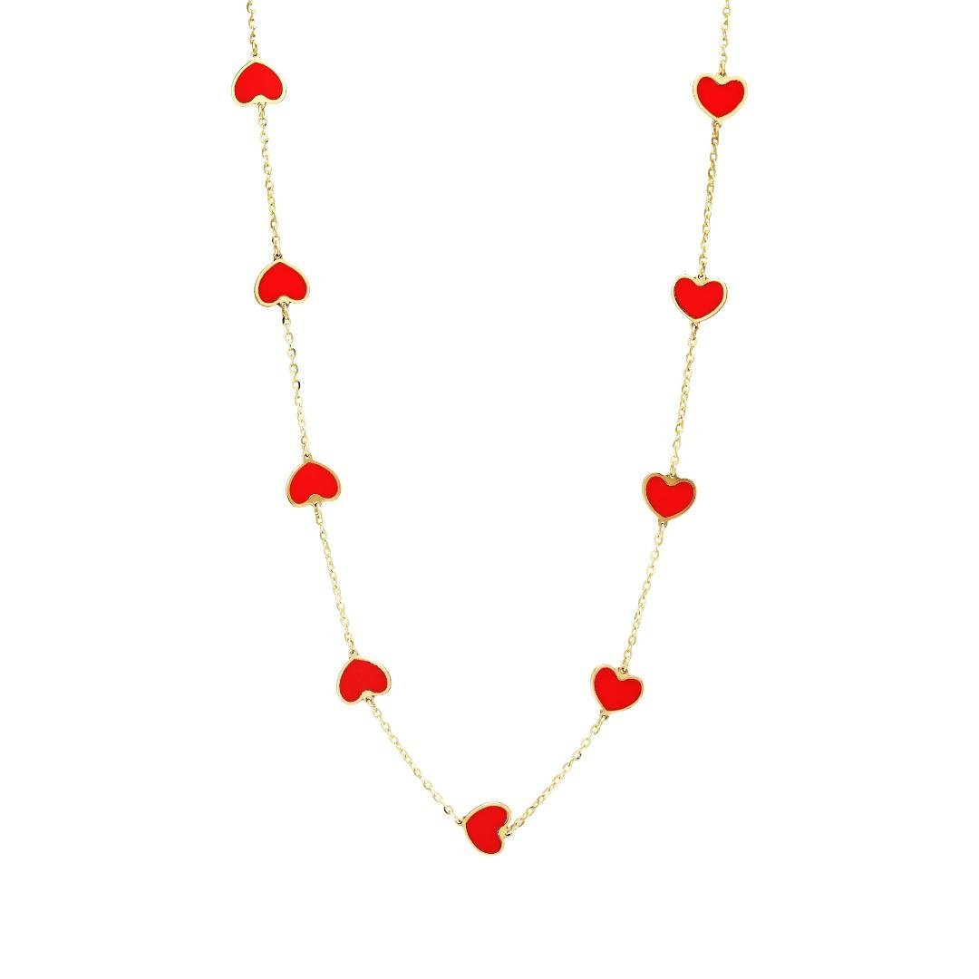 14K solid yellow gold necklace with red coral heart stations, delicate and perfect for everyday wear.