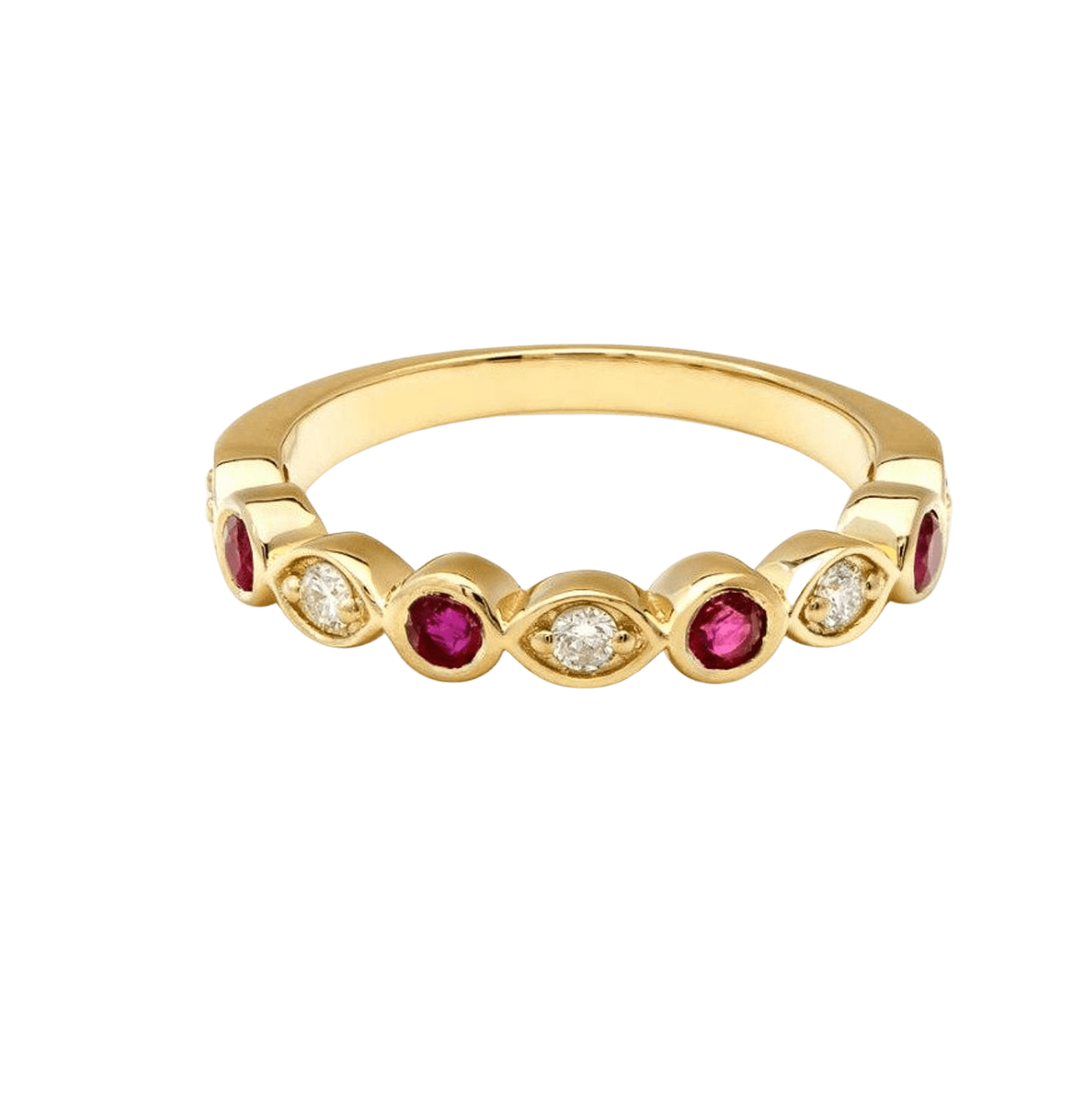 14K yellow gold wedding ring featuring lab-created rubies and diamonds, shiny finish, elegant design.
