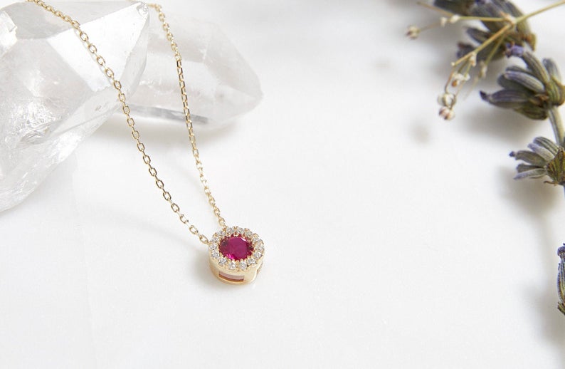 14K solid yellow gold round solitaire ruby necklace with CZ, delicate and minimalist design, perfect for everyday wear.