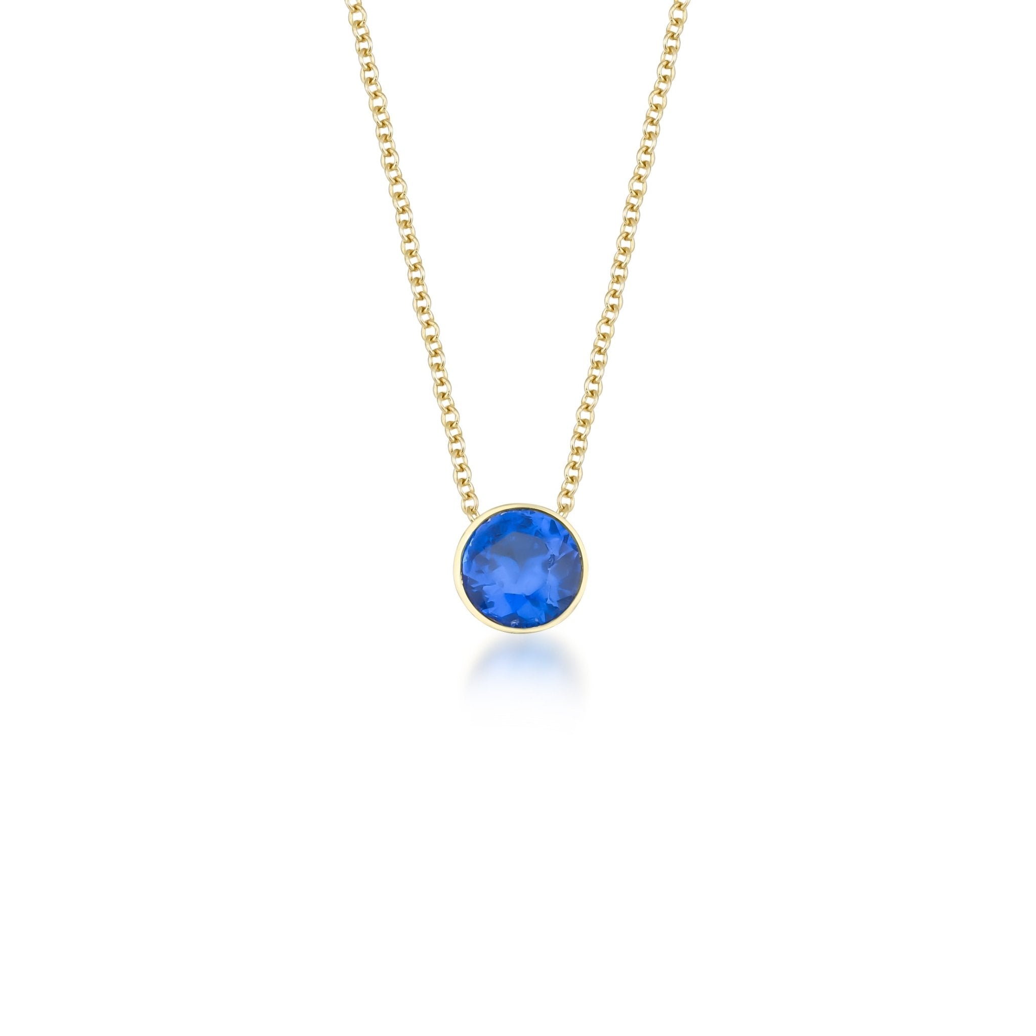 14K yellow gold 6mm bezel set solitaire sapphire necklace, delicate minimalist design, perfect for everyday wear.