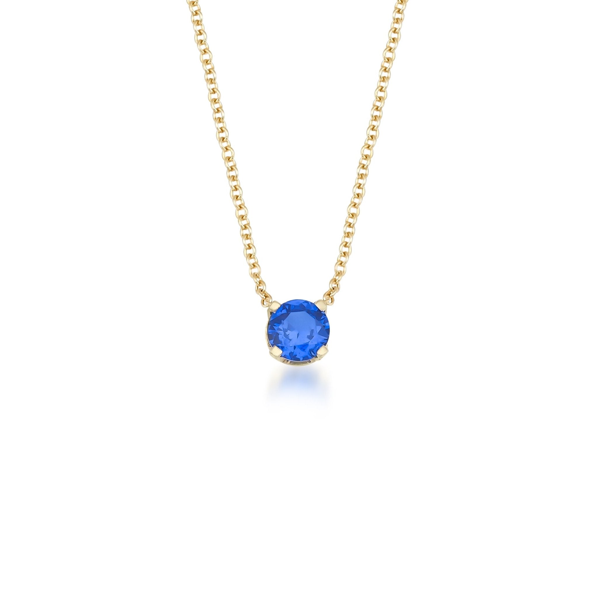 14K solid yellow gold necklace featuring a 6mm lab-created sapphire solitaire pendant, perfect for everyday elegance.