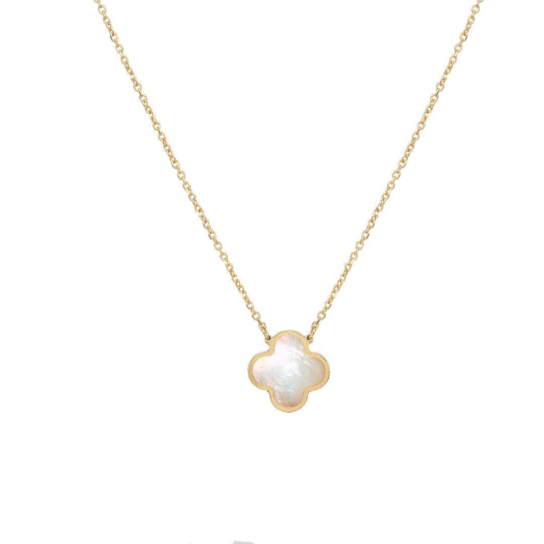 14K solid yellow gold necklace with a single mother of pearl clover pendant, elegant and perfect for everyday wear.