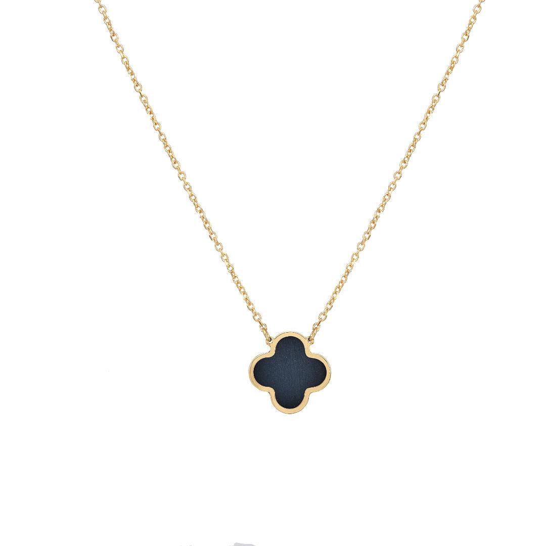 14K solid yellow gold single onyx clover necklace, 16-18 inch chain, elegant accessory for everyday wear.