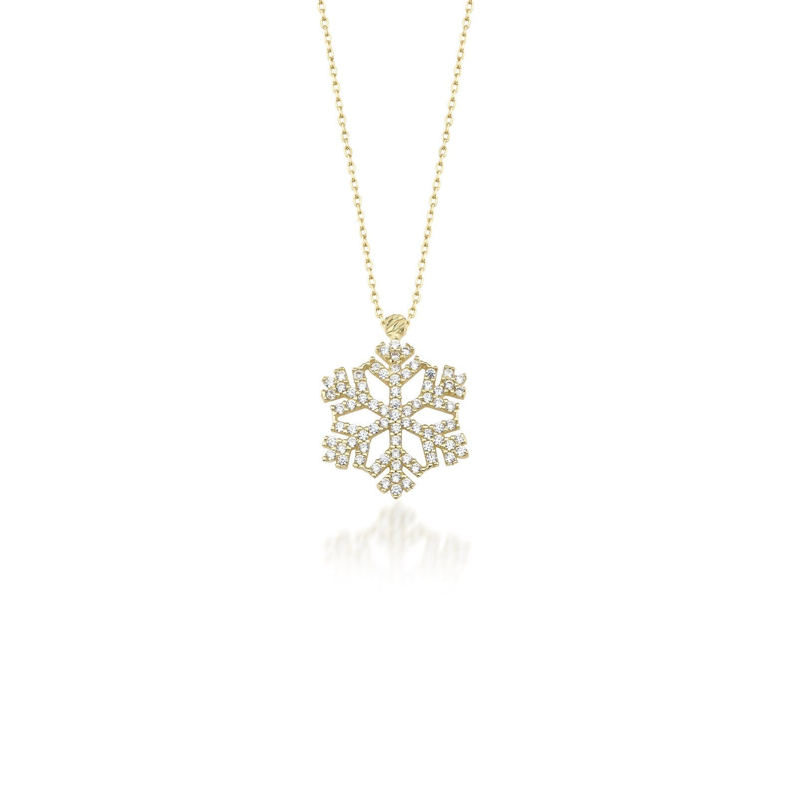 14K solid yellow gold snowflake necklace with CZ, perfect for everyday wear and adding a classy touch to any outfit.